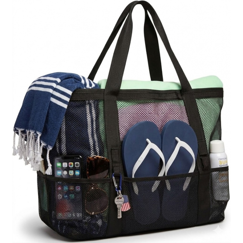 Tote Bag Beach - Большая пляжная сумка-сетка с 9 карманами,